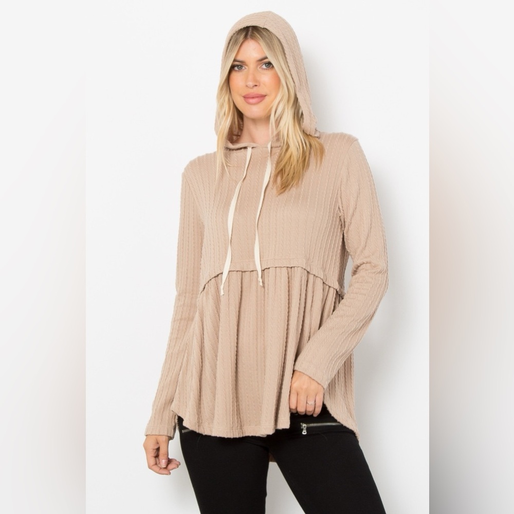 Be Stage Full Size Long Sleeve Peplum Cable Knit Hoodie